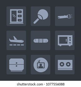 Premium set of fill icons. Such as tool, modern, storage, music, play, tv, travel, airport, room, tennis, lamp, ping, ball, racket, light, energy, airplane, table, sport, bulb, microwave, medicine