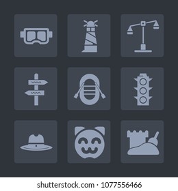 Premium set of fill icons. Such as lamp, snorkel, equipment, direction, building, sport, travel, cowboy, west, sailboat, way, sand, summer, judge, arrow, texas, house, law, asian, beach, traffic, sea