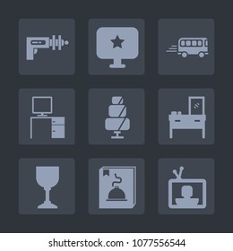Premium set of fill icons. Such as glass, future, bus, cake, science, urban, business, dessert, wine, traffic, space, interior, alcohol, computer, futuristic, tv, technology, city, transport, food