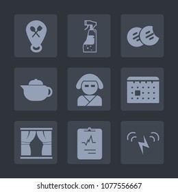 Premium set of fill icons. Such as home, chocolate, pointer, cleaning, kimono, japan, brown, cardiology, medical, curtain, energy, snack, housework, beautiful, tea, hot, map, web, spray, time, pin