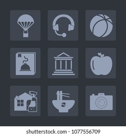 Premium set of fill icons. Such as speaker, jump, audio, photography, camera, football, sky, menu, cleaner, finance, sound, parachute, technology, fresh, music, photo, money, skydiver, soccer, studio