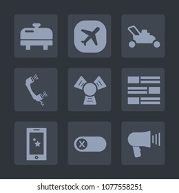 Premium set of fill icons. Such as garden, newspaper, airplane, tool, grass, cut, call, switch, deactivate, gardening, speaker, water, loudspeaker, equipment, display, air, web, lawn, mower, travel