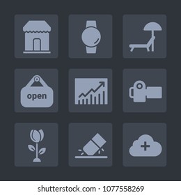 Premium set of fill icons. Such as market, time, education, nature, sunbed, sea, technology, summer, spring, shop, trend, photographer, screen, touch, floral, photo, relaxation, white, cloud, travel