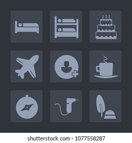 Premium set of fill icons. Such as coffee, plane, account, pie, ink, north, bakery, black, hotel, food, medical, aircraft, travel, room, sign, sugar, dentistry, sweet, cup, add, flight, dentist, cafe