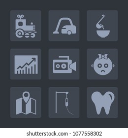 Premium set of fill icons. Such as child, carpet, travel, home, health, dinner, handle, housework, graph, film, concept, locomotive, toy, vehicle, soup, dentist, medical, baby, vacuum, cute, kid, map