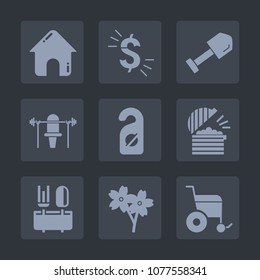 Premium set of fill icons. Such as hammer, blossom, sport, money, motel, drill, home, building, currency, barbell, fitness, gym, food, hotel, usd, spoon, wheelchair, coffee, dumbbell, estate, sakura