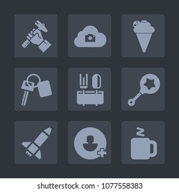 Premium set of fill icons. Such as rattle, computer, occupation, hot, launch, strawberry, child, car, dessert, photo, builder, add, vanilla, business, cloud, construction, automobile, key, web, helmet