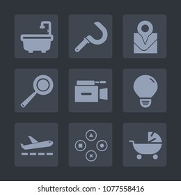 Premium set of fill icons. Such as microphone, camera, computer, technology, video, airplane, child, stroller, tool, play, kitchen, idea, sickle, light, harvest, agriculture, sign, harvesting, field