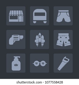 Premium set of fill icons. Such as bottle, liquid, supermarket, template, technology, hippie, soap, transportation, gun, spaceship, customer, buy, transport, pistol, space, rocket, firearm, short, saw