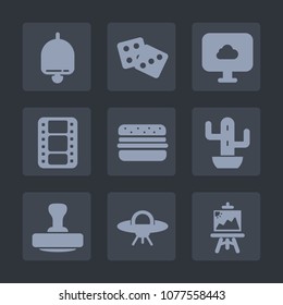 Premium set of fill icons. Such as success, spaceship, ring, artist, dice, technology, art, alert, web, nature, luck, plant, button, space, video, burger, casino, sound, cinema, drawing, internet, win