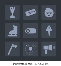Premium set of fill icons. Such as sign, turn, equipment, tool, child, off, space, megaphone, science, achievement, danger, ticket, competition, hammer, plane, champion, ice, energy, cute, place, mark