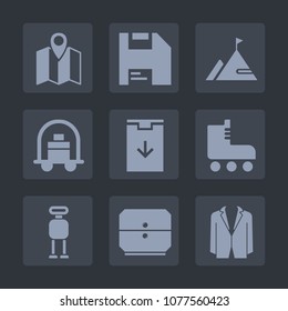 Premium set of fill icons. Such as nature, sport, trolley, navigation, download, hotel, baggage, printer, floppy, business, internet, map, computer, luggage, city, technology, robot, travel, diskette