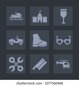 Premium set of fill icons. Such as flight, automotive, drink, transport, boot, footwear, car, tool, beverage, bottle, service, glasses, industrial, tower, meat, automobile, boat, reparation, vehicle