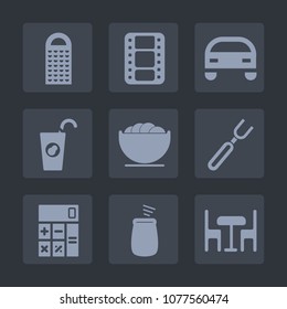 Premium set of fill icons. Such as accounting, cooking, object, automotive, fresh, vehicle, sign, cinema, cuisine, bowl, grater, fruit, music, knife, drink, movie, calculator, business, restaurant