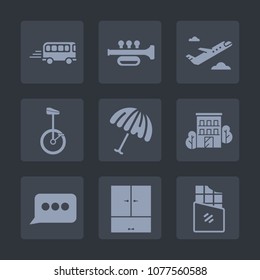 Premium set of fill icons. Such as house, rain, sign, estate, umbrella, circus, transport, flight, instrument, weather, building, transportation, plane, bike, message, speed, speech, musical, sound