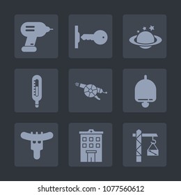 Premium set of fill icons. Such as door, temperature, real, gun, drill, construction, food, bell, unlock, nature, space, sign, planet, dinner, earth, equipment, lock, globe, hammer, universe, military