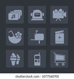 Premium set of fill icons. Such as trolley, medicine, cocktail, video, phone, ice, equipment, summer, box, screen, astronaut, cosmonaut, message, market, web, music, sweet, post, drink, juice, glass