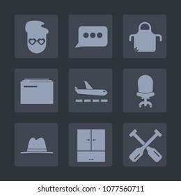 Premium set of fill icons. Such as plane, document, chat, cooking, fashion, vintage, comfortable, airport, file, pinafore, chef, canoe, protective, chair, boat, cook, oar, communication, business, old