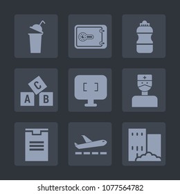 Premium set of fill icons. Such as school, technology, beverage, currency, airplane, monitor, soda, alphabet, building, education, reading, container, web, package, house, screen, coffee, drink, abc