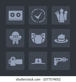 Premium set of fill icons. Such as camera, game, vintage, photography, media, sign, texas, strategy, correct, west, audio, space, photographer, style, hat, music, baby, spaceship, pawn, science, photo
