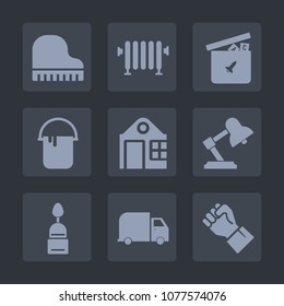 Premium set of fill icons. Such as paint, car, piano, heater, sweet, delivery, real, interior, human, boiler, duck, estate, ball, electric, heat, dessert, musical, house, concert, play, temperature