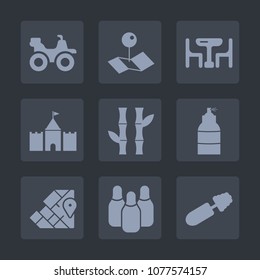 Premium set of fill icons. Such as road, brush, position, outdoor, cone, bike, location, atlas, place, travel, asia, fashion, dinner, transportation, sport, plant, world, time, mascara, black, extreme