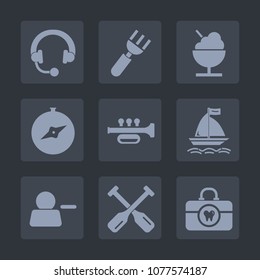 Premium set of fill icons. Such as board, knife, fork, stereo, map, food, speaker, canoe, restaurant, sign, boat, dinner, wind, studio, water, icecream, account, sweet, care, oar, travel, equipment