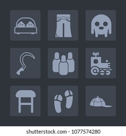 Premium set of fill icons. Such as sickle, agriculture, black, hat, woman, ufo, sport, home, cap, travel, toy, fiction, cone, hotel, train, transport, interior, style, elegant, bedroom, slipper, bed
