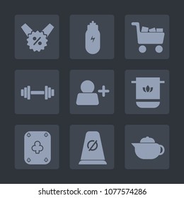 Premium set of fill icons. Such as equipment, shop, fitness, add, road, dumbbell, coupon, percent, tag, hot, cloth, price, nutrition, retail, play, poker, lifestyle, teapot, concept, background, game