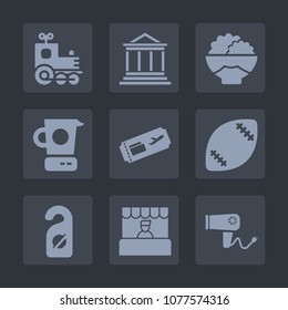 Premium set of fill icons. Such as train, banking, kitchen, finance, supermarket, railway, store, business, locomotive, air, hairdryer, privacy, motel, travel, stadium, grocery, label, agriculture
