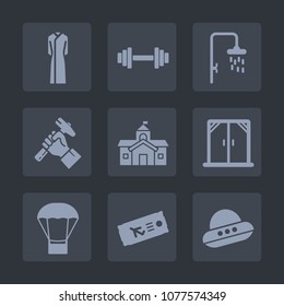 Premium set of fill icons. Such as equipment, foreman, window, modern, hot, dumbbell, house, city, construction, weight, spaceship, fitness, technology, helmet, fashion, building, clothing, government