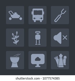 Premium set of fill icons. Such as gardening, tool, vehicle, lawn, percussion, game, cloud, bus, meal, volume, lawnmower, garden, wheat, grain, dinner, mute, futuristic, grass, mower, transport, music