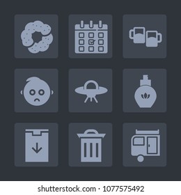 Premium set of fill icons. Such as doughnut, muffin, bakery, recycle, drink, fashion, chocolate, trailer, child, sign, journey, vacation, bottle, cake, garbage, cute, caravan, timetable, trash, sad