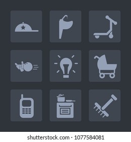 Premium set of fill icons. Such as light, baseball, modern, white, communication, bulb, gardening, tap, ball, energy, idea, bowling, kitchen, headwear, bathroom, cooking, rake, fun, vehicle, cap, pram