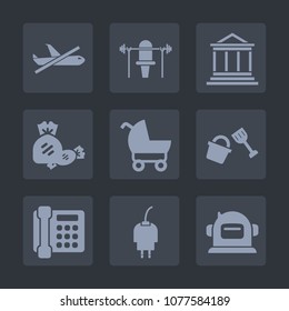 Premium set of fill icons. Such as barbell, sport, shovel, energy, banking, candy, dumbbell, business, colorful, pram, gym, concept, sign, charger, airplane, carriage, communication, plane, health, no