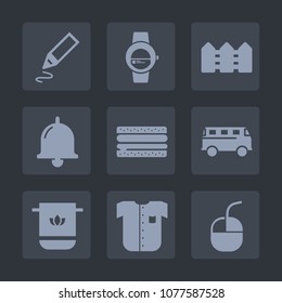 Premium set of fill icons. Such as smart, shirt, watch, soft, burger, pen, ring, bell, fashion, internet, alarm, call, food, bus, office, business, screen, transportation, stationery, fence, computer