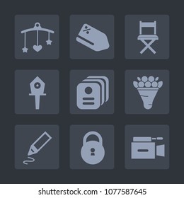 Premium set of fill icons. Such as label, sign, office, childhood, film, birdhouse, bouquet, discount, toy, flower, microphone, card, sale, house, coupon, floral, bird, spring, bed, lock, business, id
