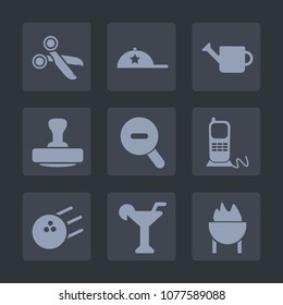 Premium set of fill icons. Such as style, white, ball, tool, can, communication, phone, headwear, cap, plant, meat, alcohol, sign, hat, garden, drink, clothing, mark, equipment, bowling, water, stamp