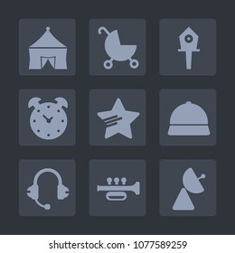 Premium set of fill icons. Such as trumpet, speaker, buggy, child, hat, antenna, box, kid, birdhouse, signal, family, home, stroller, wooden, sound, entertainment, sign, fun, pram, bird, alarm, hour