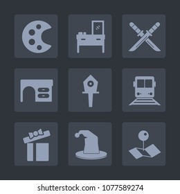 Premium set of fill icons. Such as artist, holiday, table, interior, katana, transportation, color, train, present, samurai, room, hat, modern, cabinet, office, home, weapon, pointer, birdhouse, art
