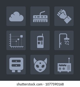 Premium set of fill icons. Such as graph, old, cloud, media, chart, people, web, radio, screen, bathroom, bath, internet, keyboard, space, diagram, fiction, human, business, instrument, black, ufo