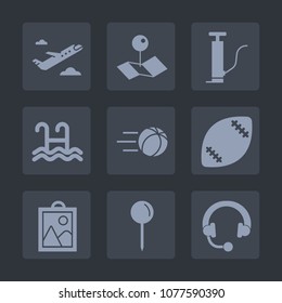Premium set of fill icons. Such as image, power, picture, pin, football, airport, pool, gas, trip, audio, drop, equipment, map, pointer, soccer, ball, plane, sign, american, departure, travel, place