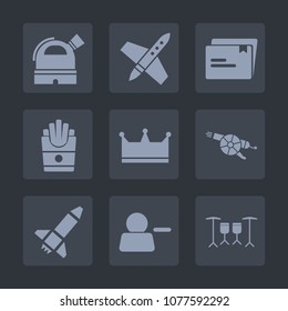 Premium set of fill icons. Such as queen, paper, account, crown, spaceship, ship, potato, observatory, drum, galaxy, element, telescope, snack, war, fast, sign, pictogram, science, ball, meal, launch