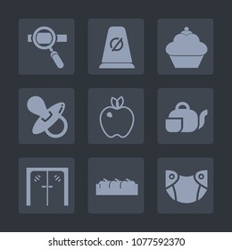 Premium set of fill icons. Such as handle, cake, apple, baby, research, organic, beverage, technology, optimization, laptop, entrance, tea, muffin, marketing, healthy, pacifier, child, graphic, food