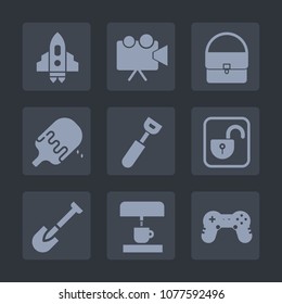 Premium set of fill icons. Such as spoon, video, female, presentation, unlock, ice, screen, equipment, craft, machine, dessert, game, ship, cooking, science, lock, bag, cream, business, security, food