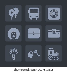 Premium set of fill icons. Such as horror, ventilator, clown, transportation, funny, toy, electric, cabinet, cooling, bright, projector, drink, makeup, happy, drawer, character, liquid, air, bus, road