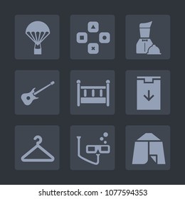 Premium set of fill icons. Such as skydiving, scuba, camp, dinner, parachuting, music, bed, skydiver, mask, technology, travel, child, home, adventure, restaurant, play, cradle, air, web, game, gaming