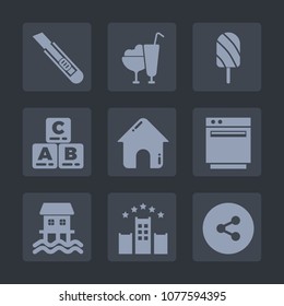 Premium set of fill icons. Such as toy, childhood, ice, estate, snack, stove, food, sign, business, bed, button, cream, houseboat, real, media, internet, kid, kitchen, cutter, vacation, tool, summer