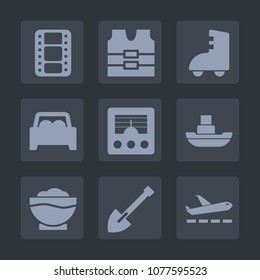 Premium set of fill icons. Such as protective, sea, wireless, uniform, shovel, antenna, automotive, food, transportation, vest, coffee, art, construction, film, video, skate, restaurant, signal, ship