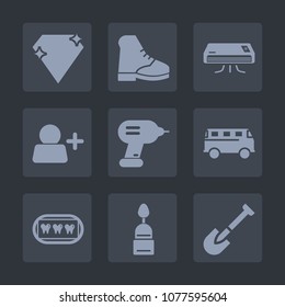 Premium set of fill icons. Such as industry, boot, white, speed, jewel, air, tool, crystal, wear, user, transport, cold, drill, sweet, footwear, brilliant, black, add, equipment, transportation, gem
